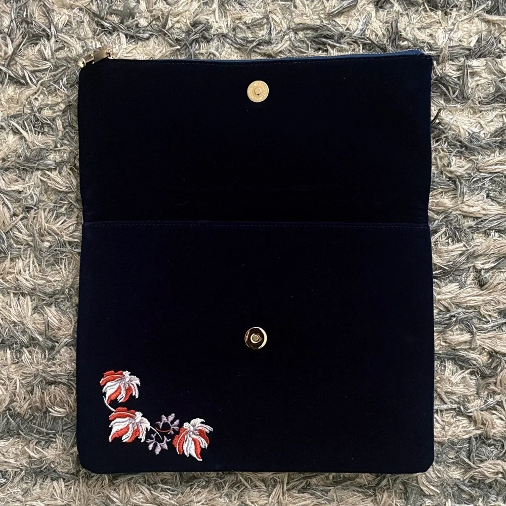 Luxury Handmade Embroidered Sapphire Blue Velvet Clutch, Gold Hardware